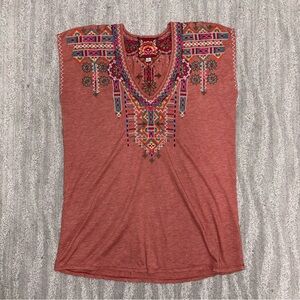 Johnny Was Verena Embroidered T-Shirt V-Neck Colorful Boho Festival Women’s XS